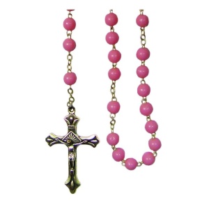 Rosenkrans med rosa glassperler og sølvfarget kjede, 6mm perler